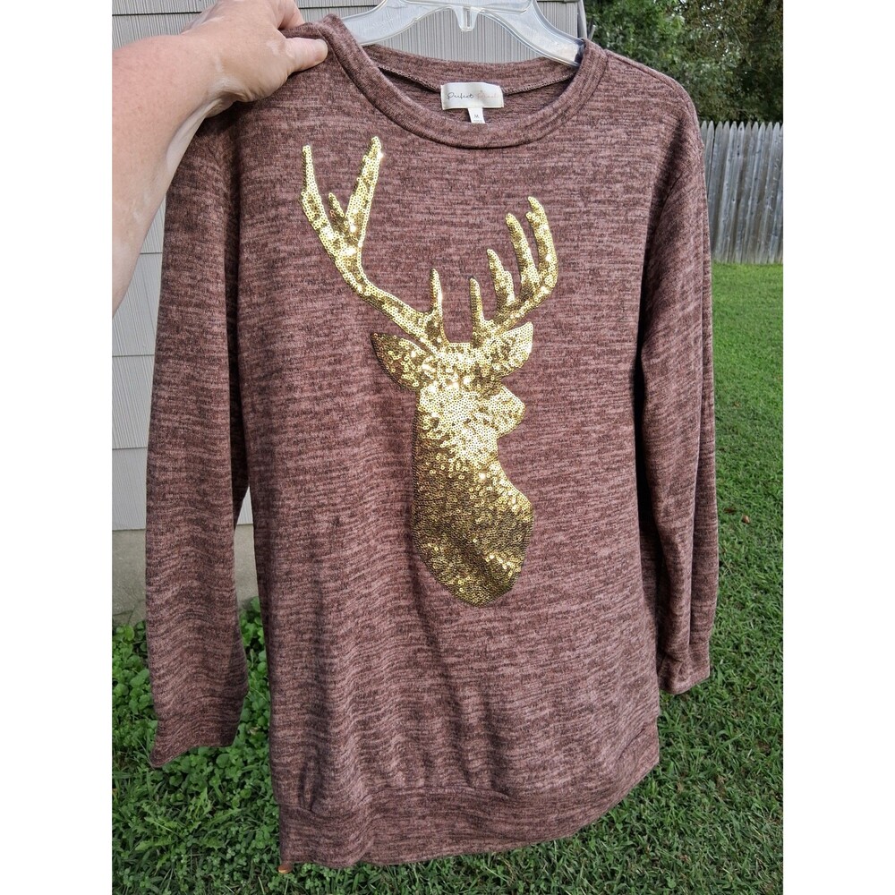 270 Mocha Brown Sweater Brushed Gold Hacci Sequins Buck Deer Medium